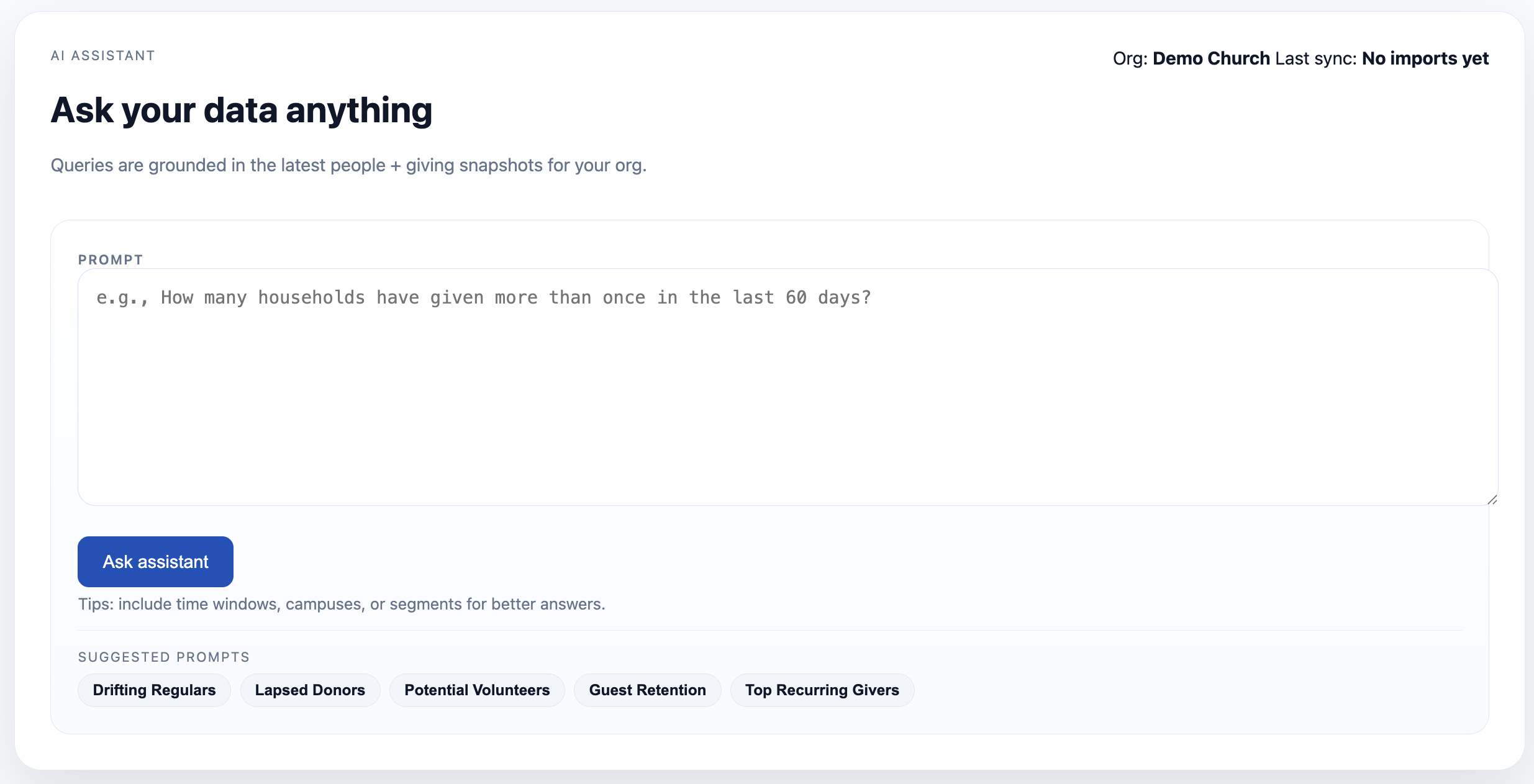 AI assistant analyzing Planning Center Giving data